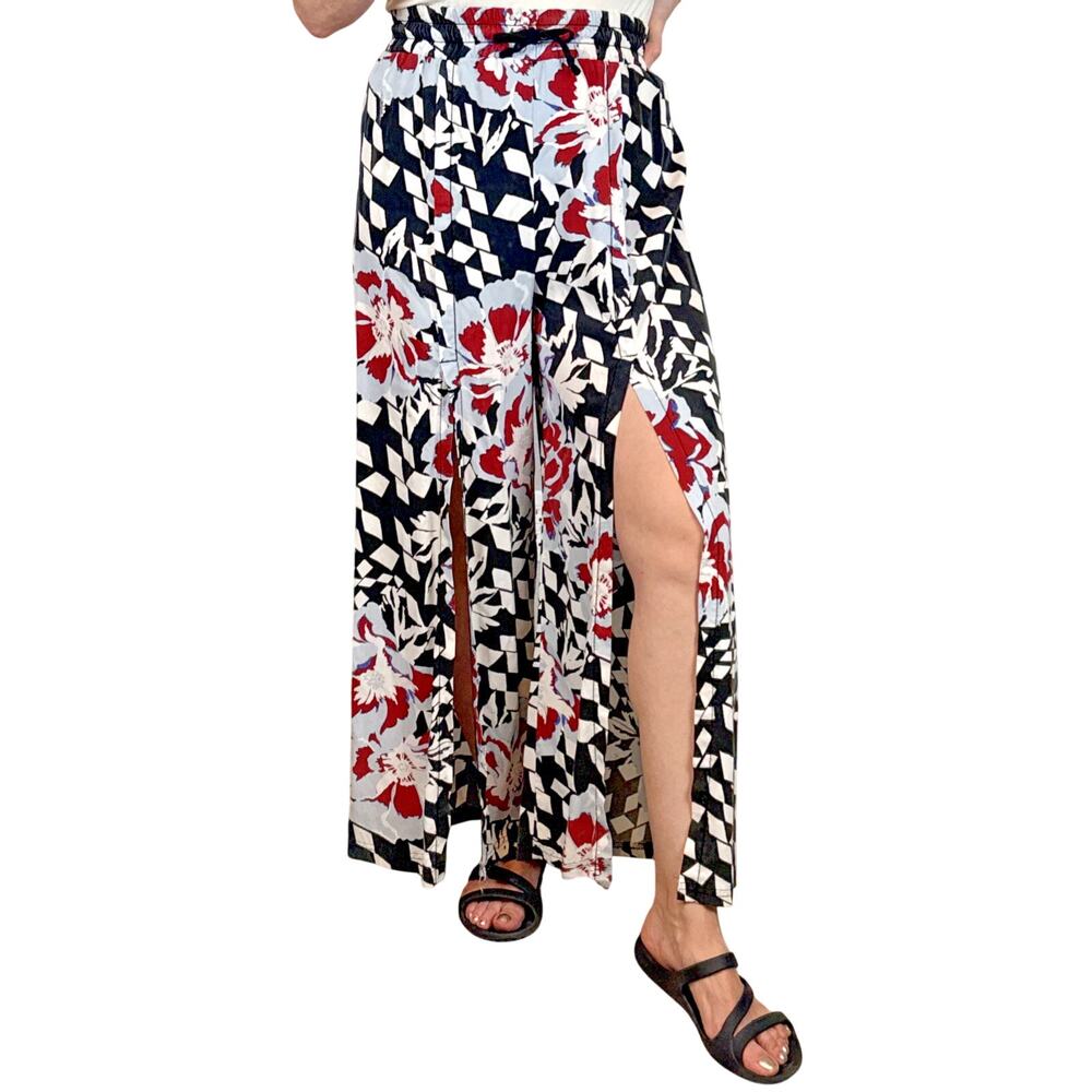 Free People Movement Abs Tracker Floral Print Split Leg Pants Size XS Black Red